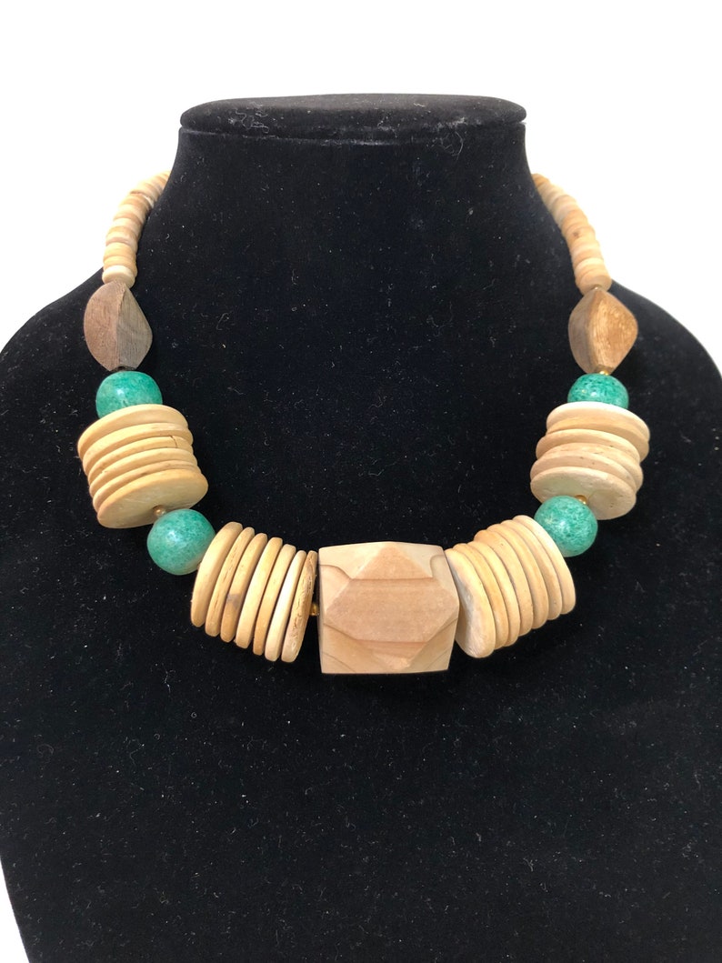 Vintage multi colored wood bead necklace teal colored beads