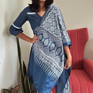 Mashru Silk Ajrakh Stole, Tanned Blue Scraf, Silk Scarf