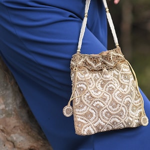 Indian Potli Bag For Women, Drawstring Beaded Bags For Wedding And Evening Parties, Wristlet Pearl Bags