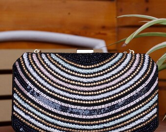 Bolso de mano con lentejuelas y cuentas para mujer, ideal para fiestas y bodas, con cadena desmontable, tipo clutch, tipo pulsera o bandolera, para noche y para novia.