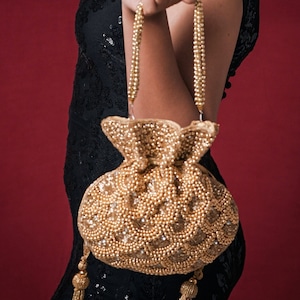 Indian Gold Bridal Potli Bag For Women, Beaded Drawstring Purse For Wedding, Batwa Bag, Evening Purse