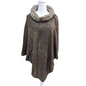 Brown Crystal Studded Pure Wool Fur Poncho For Women, One Size Fits Most Ponchos, Light Weight Winter Ponchos