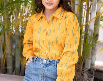 Camisa elegante de verano para mujer, con botones, manga larga, holgada, informal y ligera, de algodón puro, camisa amarilla de gran tamaño para mujer