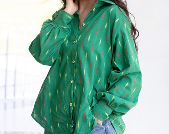 Camisa elegante de verano para mujer, con botones, manga larga, corte holgado, informal y ligera, de algodón, camisa verde Ikat de gran tamaño para mujer