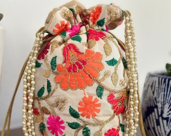 Indian Potli Bag, Women Drawstring Mini Bucket Bag, Evening Bag With Pearl Wristlet