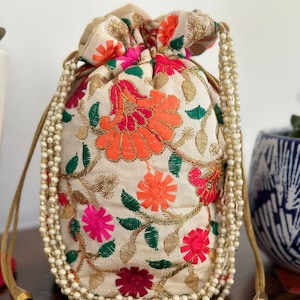 Indian Potli Bag, Women Drawstring Mini Bucket Bag, Evening Bag With Pearl Wristlet