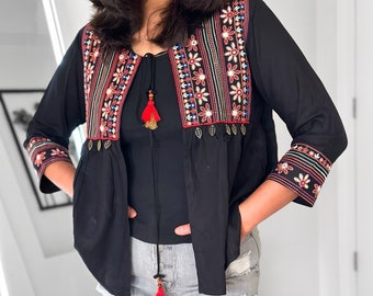 Boho Embroidered Black Jacket For Women, Traditional Koti, Ethnic Indian Jacket, Long Sleeves Jacket Shrug, Multicolored Festival  Jacket