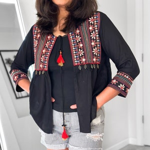 Boho Embroidered Black Jacket For Women, Traditional Koti, Ethnic Indian Jacket, Long Sleeves Jacket Shrug, Multicolored Festival Jacket image 1