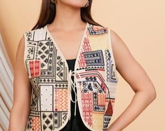 Chaqueta bordada Kutch, bolero de fiesta con efecto espejo, abrigo unisex bordado sin mangas, top bohemio de verano, prenda de capas para festivales de mujer