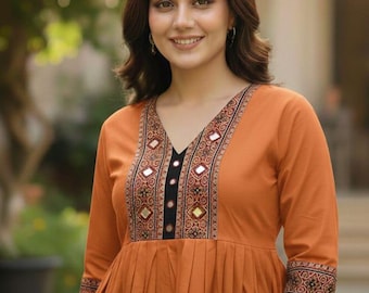Kurti Anarkali con bordados de espejos para mujer, túnica bordada, ropa bohemia para festivales, blusa étnica india, top de algodón para niñas