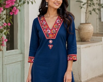 Kurti indio para mujer, blusa túnica bordada, ropa bohemia para festivales, blusa étnica india, ropa fusión.