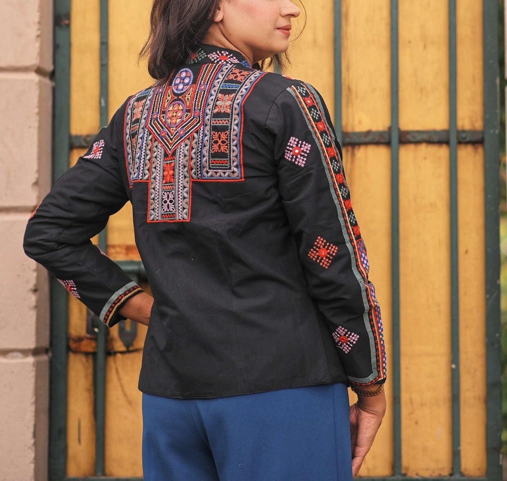 Women's Floral Embroidered Crop Chore Jacket