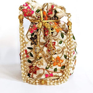 Women Silk Drawstring Purse, Indian Potli Bag, Evening Bag, Mini Bucket Bag, Purse With Pearl Wrist Handle