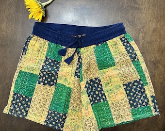 Unisex Patchwork Shorts With Pocket, Bohemian Summer Shorts, Colorful Beach Wear Shorts, Soft Night Wear Shorts, Design 5
