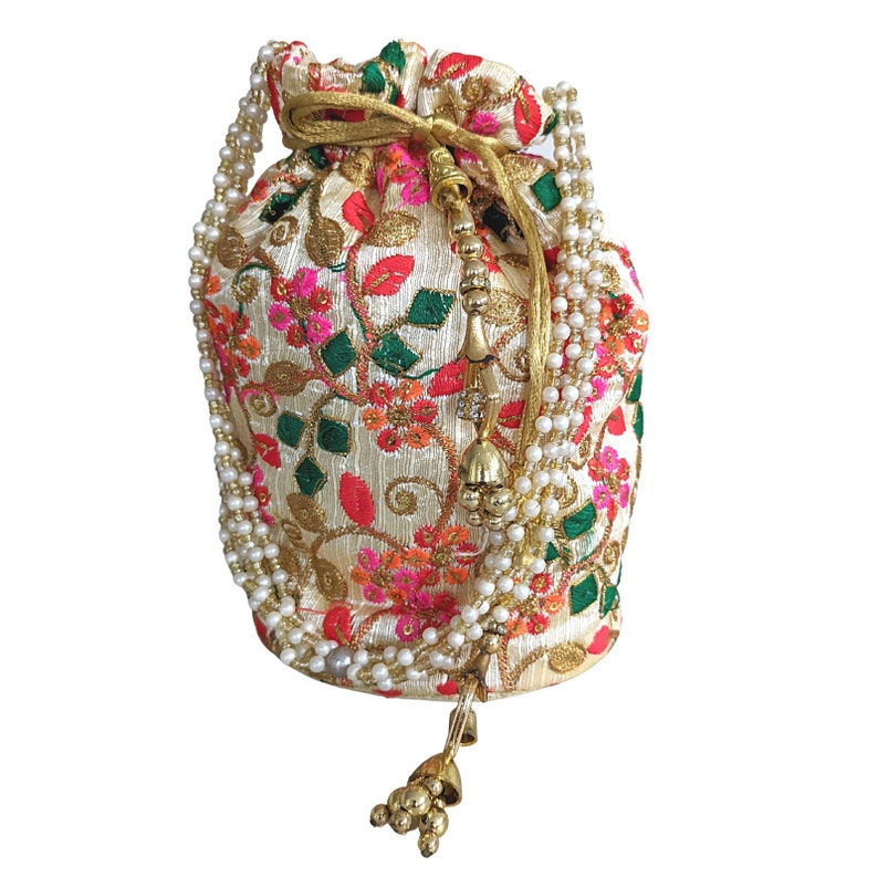 Women Drawstring Purse, Indian Potli Bag, Evening Bag, Mini Bucket Bag, Handbag With Pearl Wrist Handle 