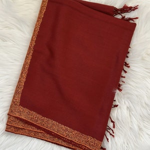 Kashmiri Pure Wool Shawl Scarf, Sozan Kaari Work On The Borders, Sozni Embroidery Woolen Shawl