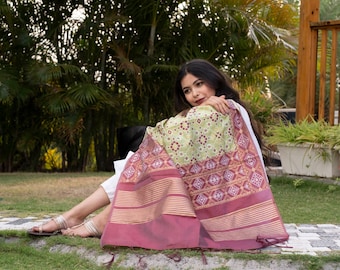 Dupatta tradicional de seda patola [verde claro y granate]