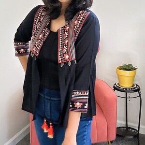 Boho Embroidered Black Jacket For Women, Traditional Koti, Ethnic Indian Jacket, Long Sleeves Jacket Shrug, Multicolored Festival Jacket image 4