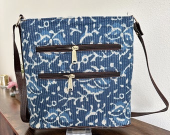 Crossbody Sling Bag, Purse For Women With Adjustable Shoulder Belt, Blue Ikat Handbag