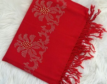 Bufanda roja de pura lana con trabajo de cristales, chal de cachemira, urdimbre de lana, estola para acogedoras veladas y bodas
