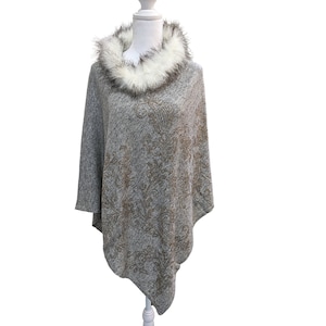 Gray Crystal Studded Pure Wool Fur Poncho For Women, One Size Fits Most Ponchos, Light Weight Winter Ponchos