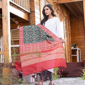 Traditional Silk Patola Dupatta [Dark Green & Red]