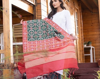 Dupatta tradicional de seda patola [verde oscuro y rojo]