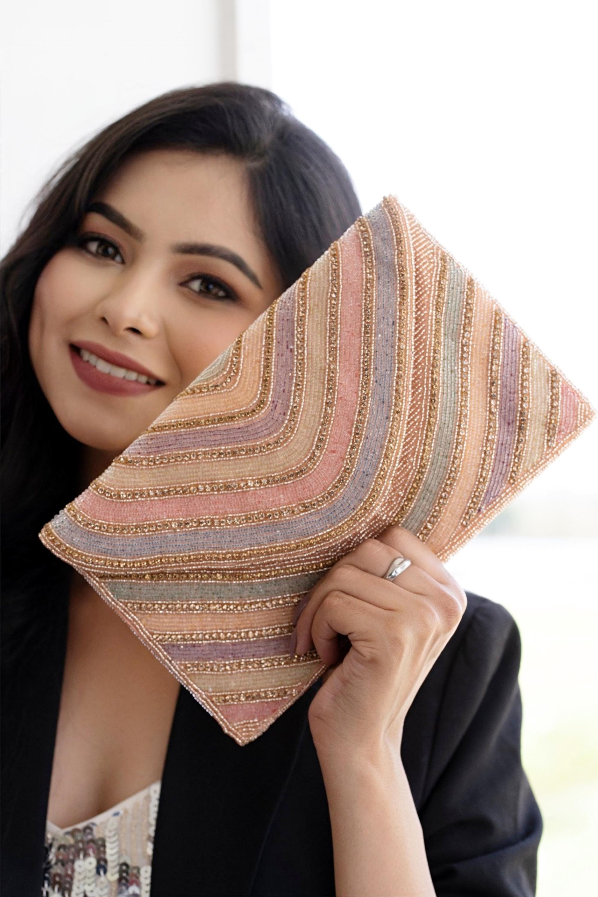 Evening Purse Beaded Rose Gold Wristlet for Women | Party & Wedding Clutch with Detachable Chain