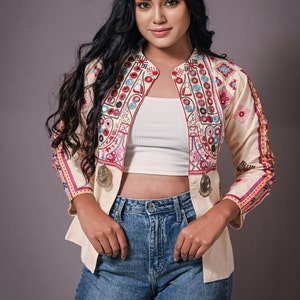 Full Sleeves Bohemian Kutch Cotton Jacket With Mirror Work, Embroidered Indian Ethnic Traditional Koti For Dandiya And Garba, Offwhite