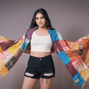 Reversible Upcycled Silk Scarf, Kantha Patchwork Stole, Bold Colorful Scarves For Women And Men, Multicolored Wrap, Design 6