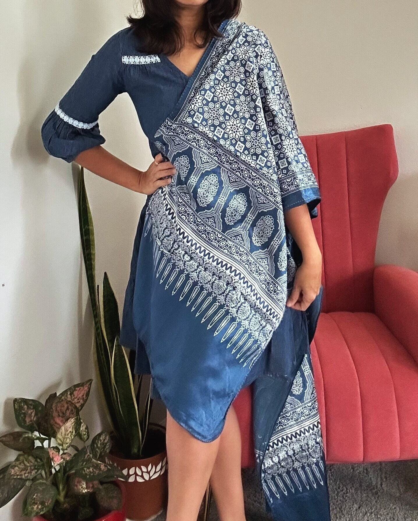 Blue - Kutch Printed Mashru Silk Stole 12