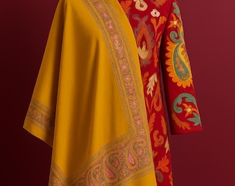 Bufanda de lana pashmina pura para mujer / Chal de invierno bordado de Cachemira / Chal de lana amarillo de fabricación ética para bodas y regalos