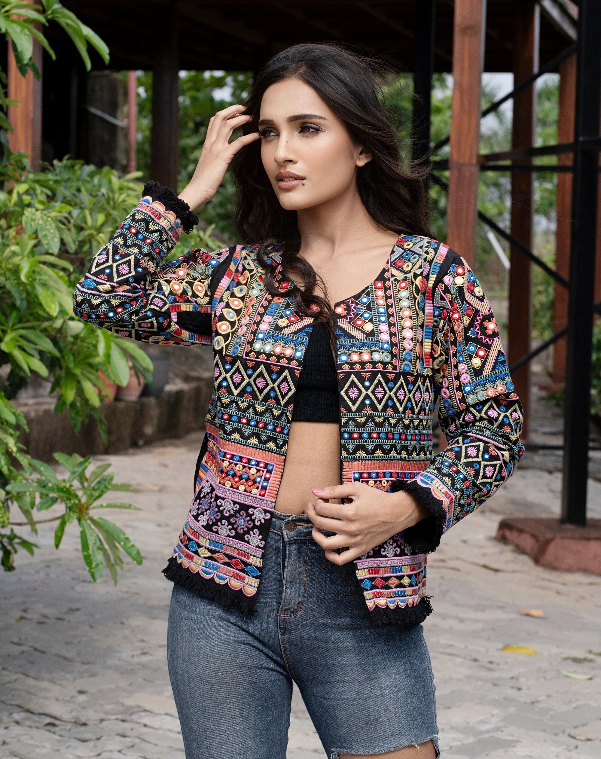 【MIRROR STOKE】EMBROIDERY JACKET Embroidered Jacket, Multicolored Mirror Work Black Jacket