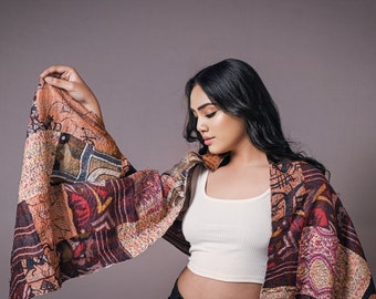 Bufandas coloridas y atrevidas para mujeres y hombres, bufanda de seda reciclada reversible, estola de patchwork Kantha, envoltura multicolor, diseño 7