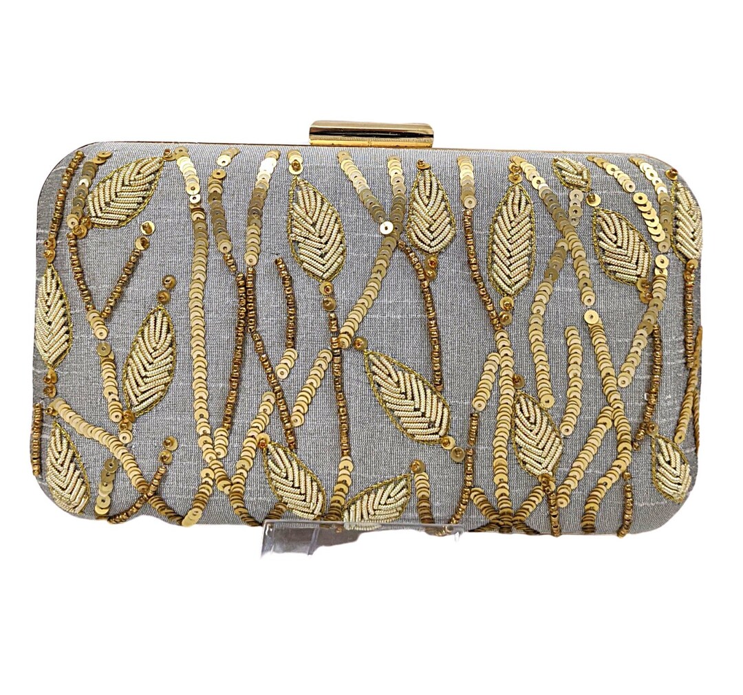 Evening Box Clutch With Beads and Sequin Work, Detachable Metal Chain