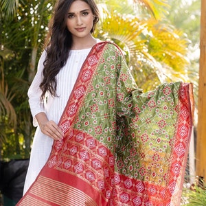 Traditional Silk Patola Dupatta [Green & Red]