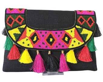Women Boho Tassel Clutch Purse With Detachable Chain And Beadwork