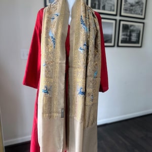 Pashmina Shawl | Luxury Wool Wrap for Women | Kashmiri Pashmina Scarf with Gold and Blue Embroidery | Elegant Winter Stole for Women and Men