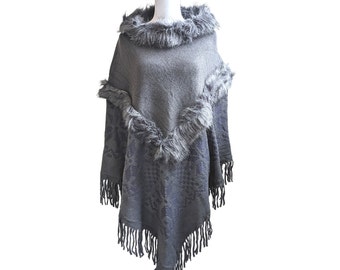 Pure Merino Wool Poncho, Women's Elegant Poncho with Faux Fur, Winter Pure Wool Ponchos, One Size Fits Most