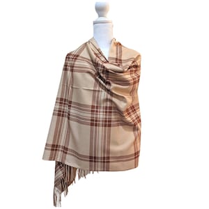 Plaid Woolen Scarf, Reversible Double Sided, Warm Soft Winter Scarves, Wool Shawl, Unisex Scarf, Beige Ladakhi Cashmere Scarf