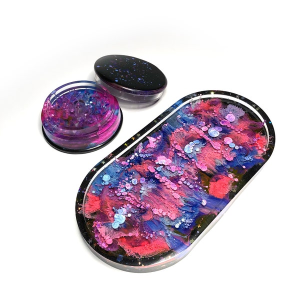Cosmos Colors Tray-Grinder Set, Tobacco Tray, Epoxy Handmade Ashtray SET, Decoration Tray, Housewarming Gift, Custom Collection