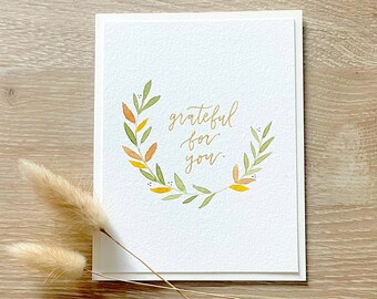 Hand Painted Thanksgiving Wreath Card | Handmade Watercolor Card | Grateful For You Greeting | Fall Wreath Leaves
