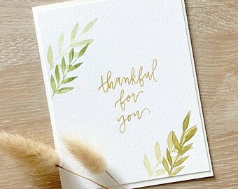 Hand Painted Thanksgiving Leaves Card | Handmade Watercolor Thankful For You Greeting | Fall Leaves Minimal Card