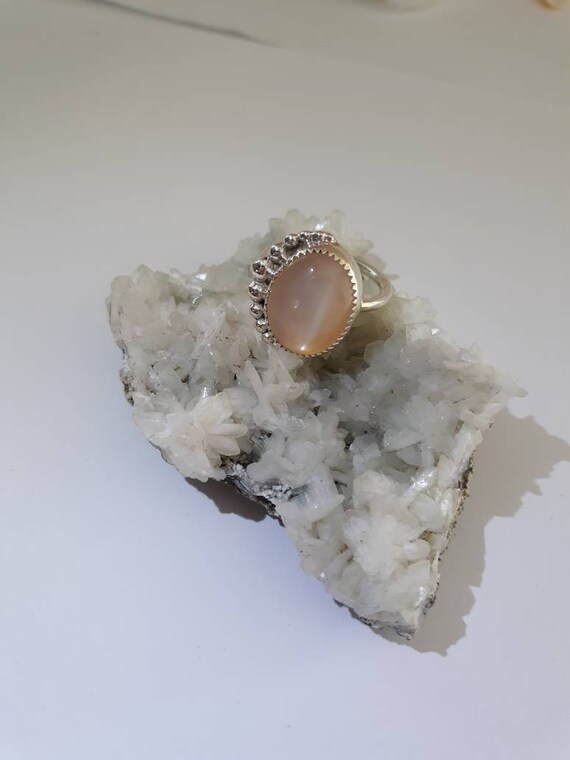 Peach Moonstone & Silver Crescent Moon Ring, Handmade .925 Sterling Silver Bezel Set Peach Moonstone Ring