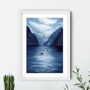 Kayaking in Norwegian Fjord, WATERCOLOR PAINTING Indigo Wall Art 8x12" or 6x9"