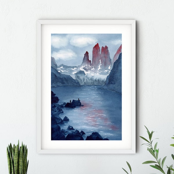 Torres Del Paine in Patagonia, WATERCOLOR PAINTING Indigo Wall Art 8x12" or 6x9"