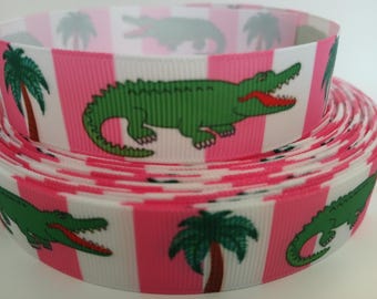 Grosgrain Ribbon 5 Yards Crocodiles Alligators Palm Trees Florida Reptiles Swamps Marches Rivers Lakes American Alligator, 7/8 Inch Wide