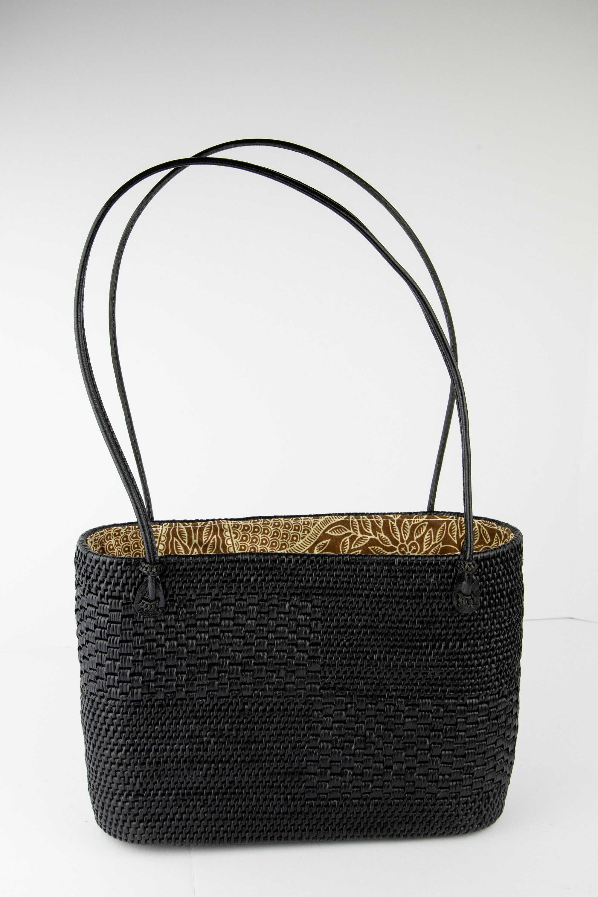 Black Ata Straw Bag With Drawstring Closure and Top Handles Natural Rattan Bag, Straw Purse