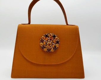 Thai Silk top handle bag with vintage brooch | Sleek and simple | Classic evening wear