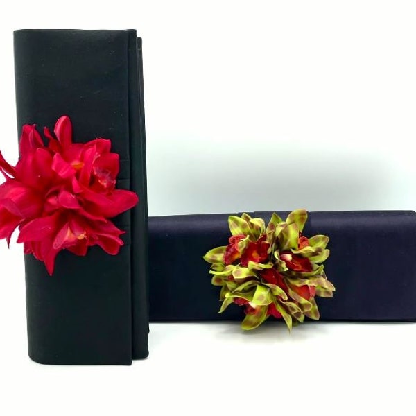 Sueded Silk  Clutch Bag with Floral Accent | Stylish floral evening bag | Dress up any outfit